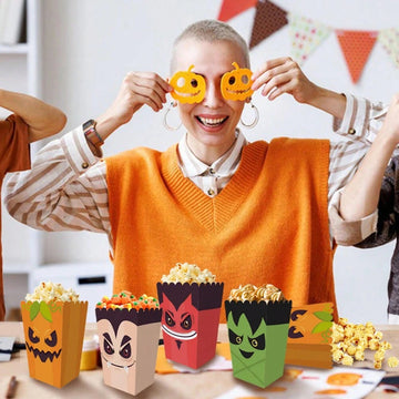 24 Halloween Popcorn Boxes With Ghost, Skeleton, And Monster Designs - Disposable Paper Containers For Halloween Party Supplies, Movie Night Snack Holders, And Halloween Party Gifts