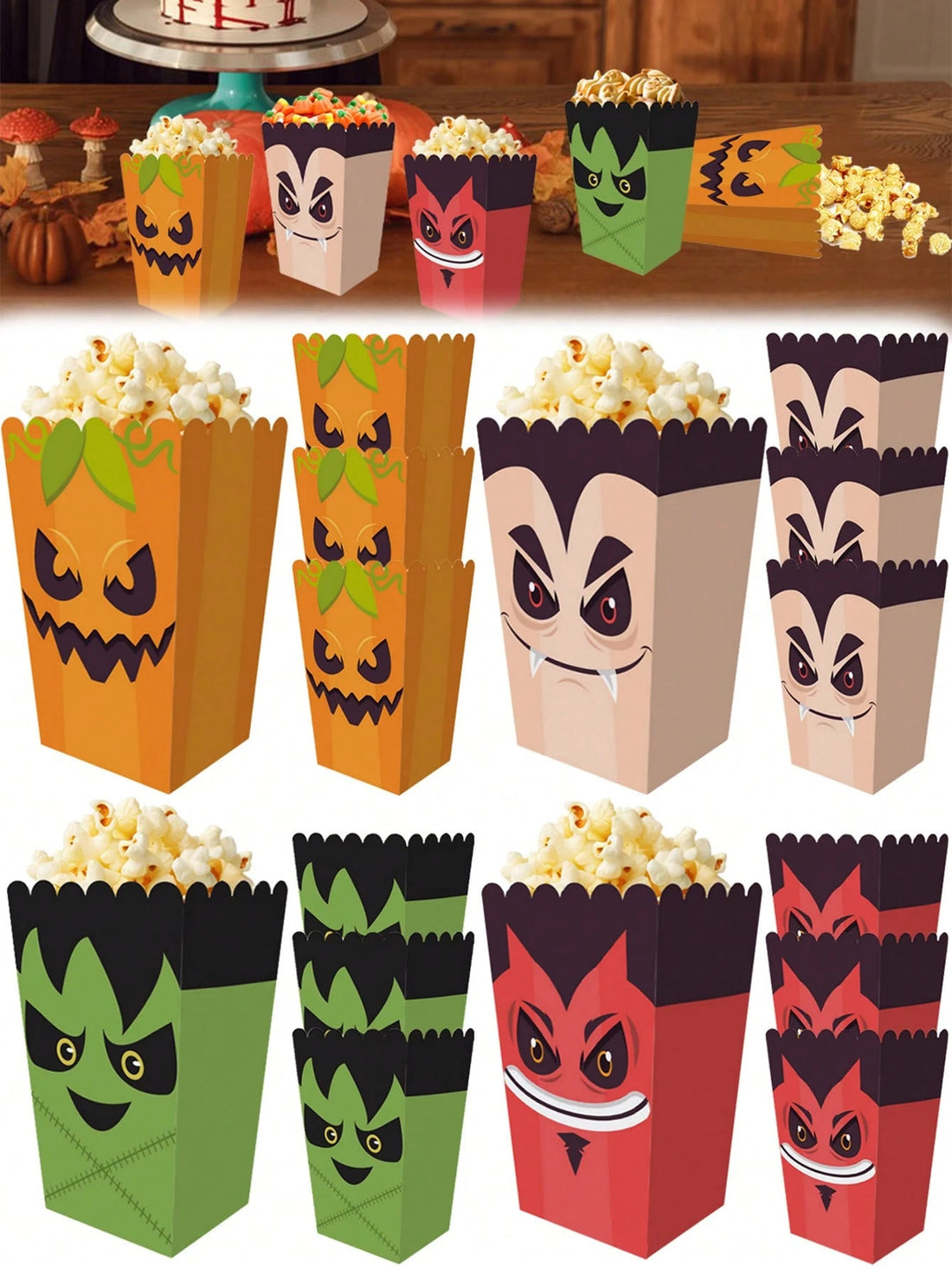 24 Halloween Popcorn Boxes With Ghost, Skeleton, And Monster Designs - Disposable Paper Containers For Halloween Party Supplies, Movie Night Snack Holders, And Halloween Party Gifts